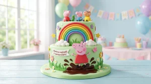 Dětský narozeninový dort Prasátko Peppa s marcipánovými figurkami, duhou a čokoládovou louží