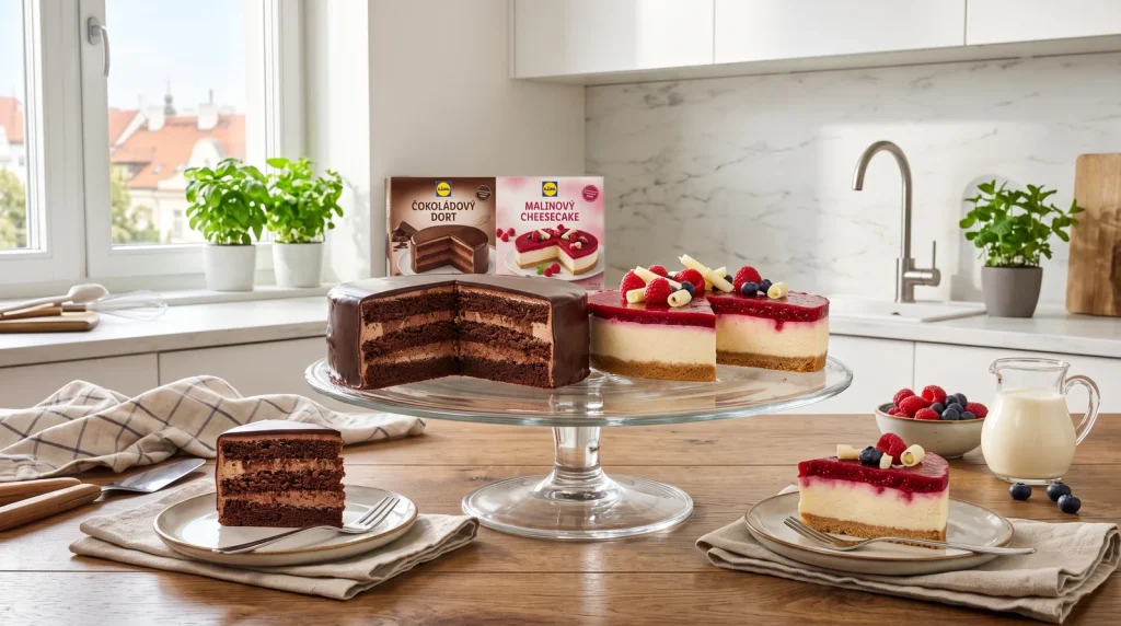 Mražené dorty z Lidlu Deluxe čokoládový a malinový cheesecake na skleněném podnosu