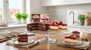 Mražené dorty z Lidlu Deluxe čokoládový a malinový cheesecake na skleněném podnosu