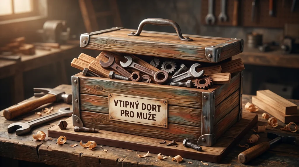 Originální vtipný narozeninový dort pro muže ve tvaru kufříku s nářadím z hořké čokolády