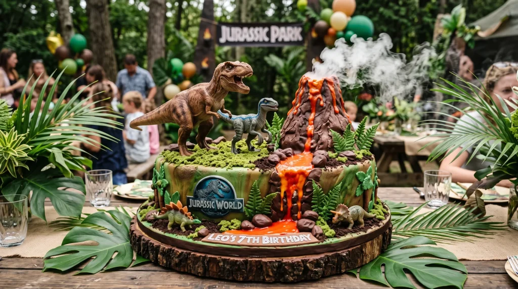 Slavnostní dort Jurský svět se sopkou a dinosaury T-Rexem a raptorem