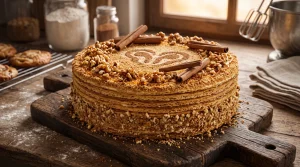 Artisanální medový štramberský dort s perníkovým kořením a vlašskými ořechy na dřevěné desce